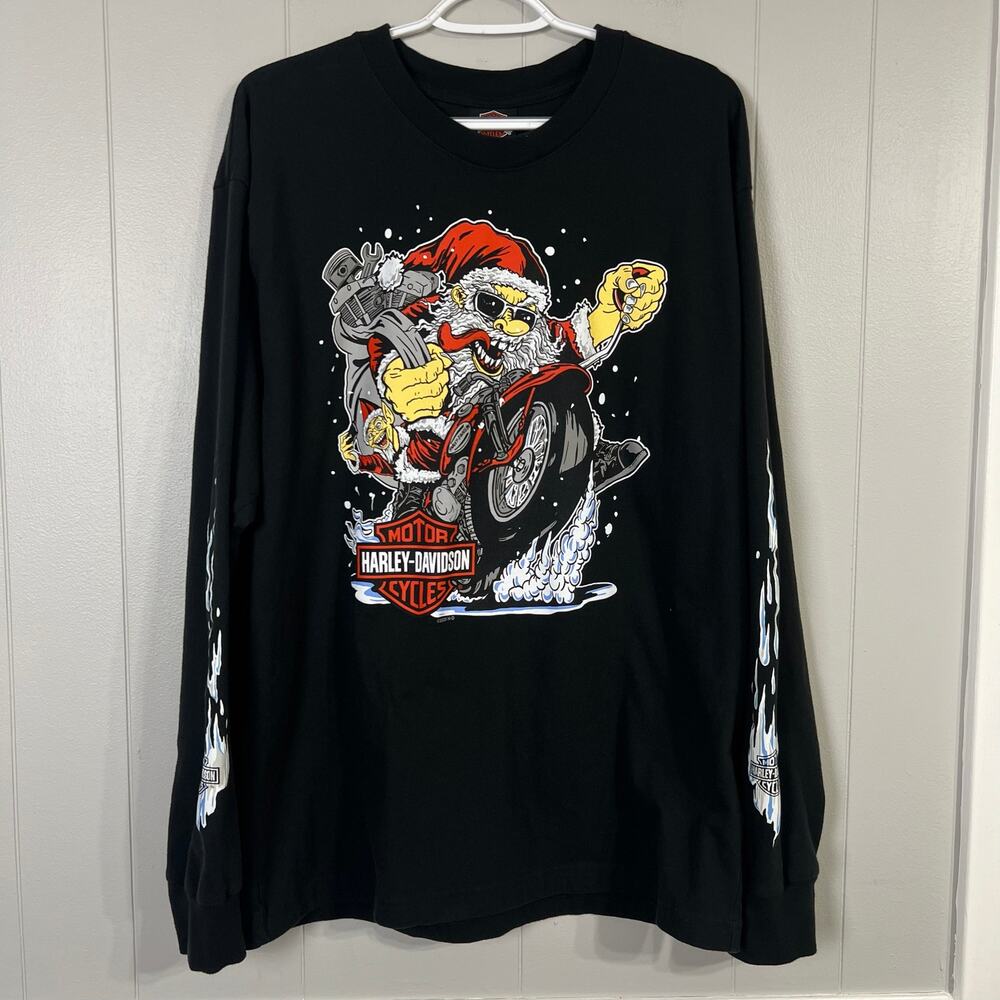 Harley Davidson Men’s XL Santa Christmas Long Sleeve Graphic Shirt Black